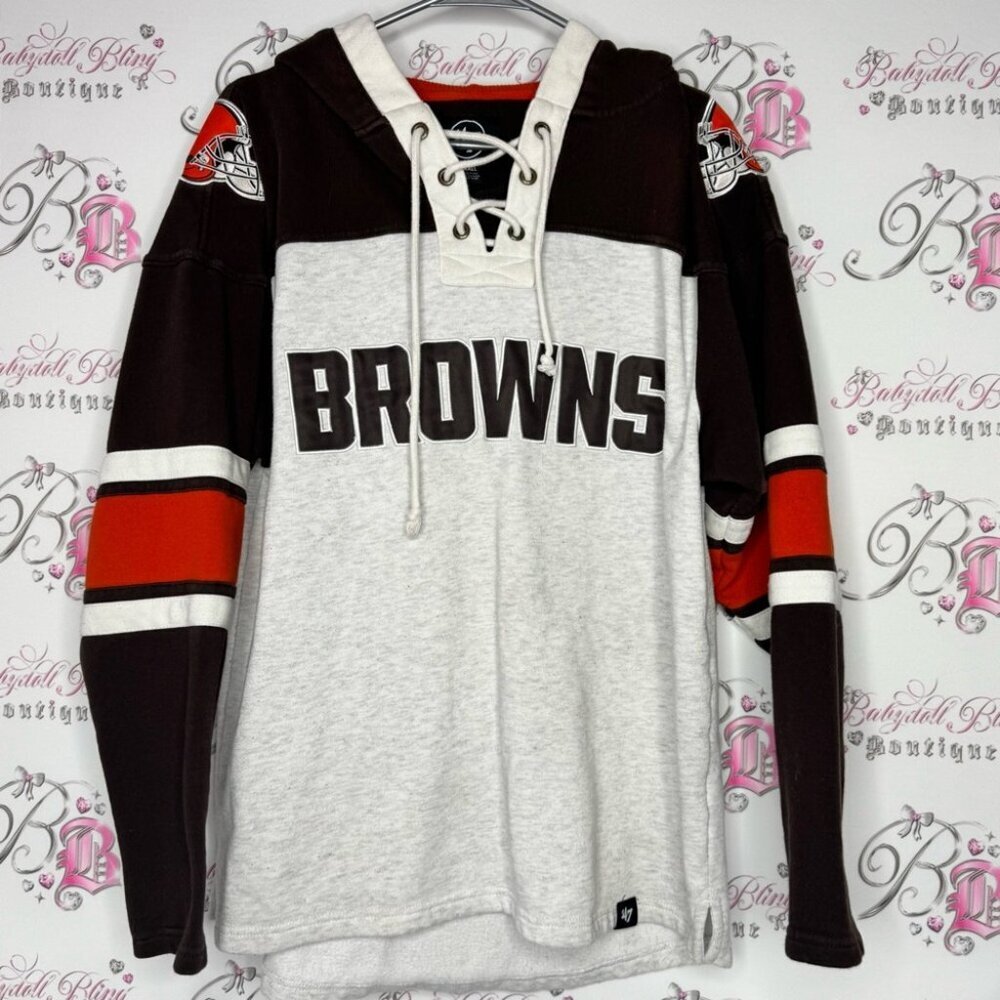 '47 Heathered Gray/Brown Cleveland Browns Gridiron Lace-Up Pullover Hoodie